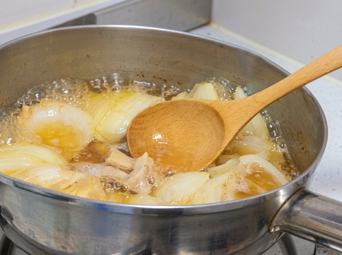 Un cucchiaio di legno che rimuove la schiuma da una pentola di brodo in ebollizione con pollo e cipolle.