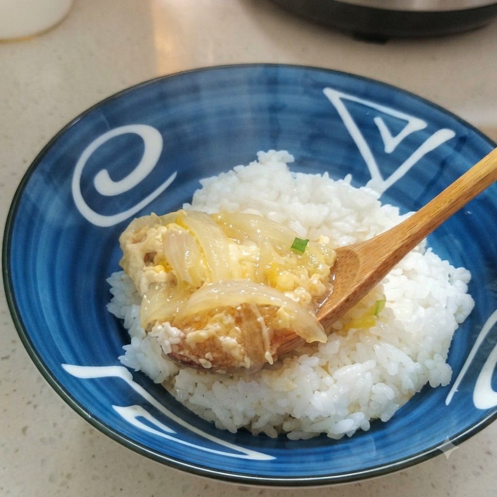 Il composto cotto di pollo, uova e cipolla servito sopra una ciotola di riso bianco.
