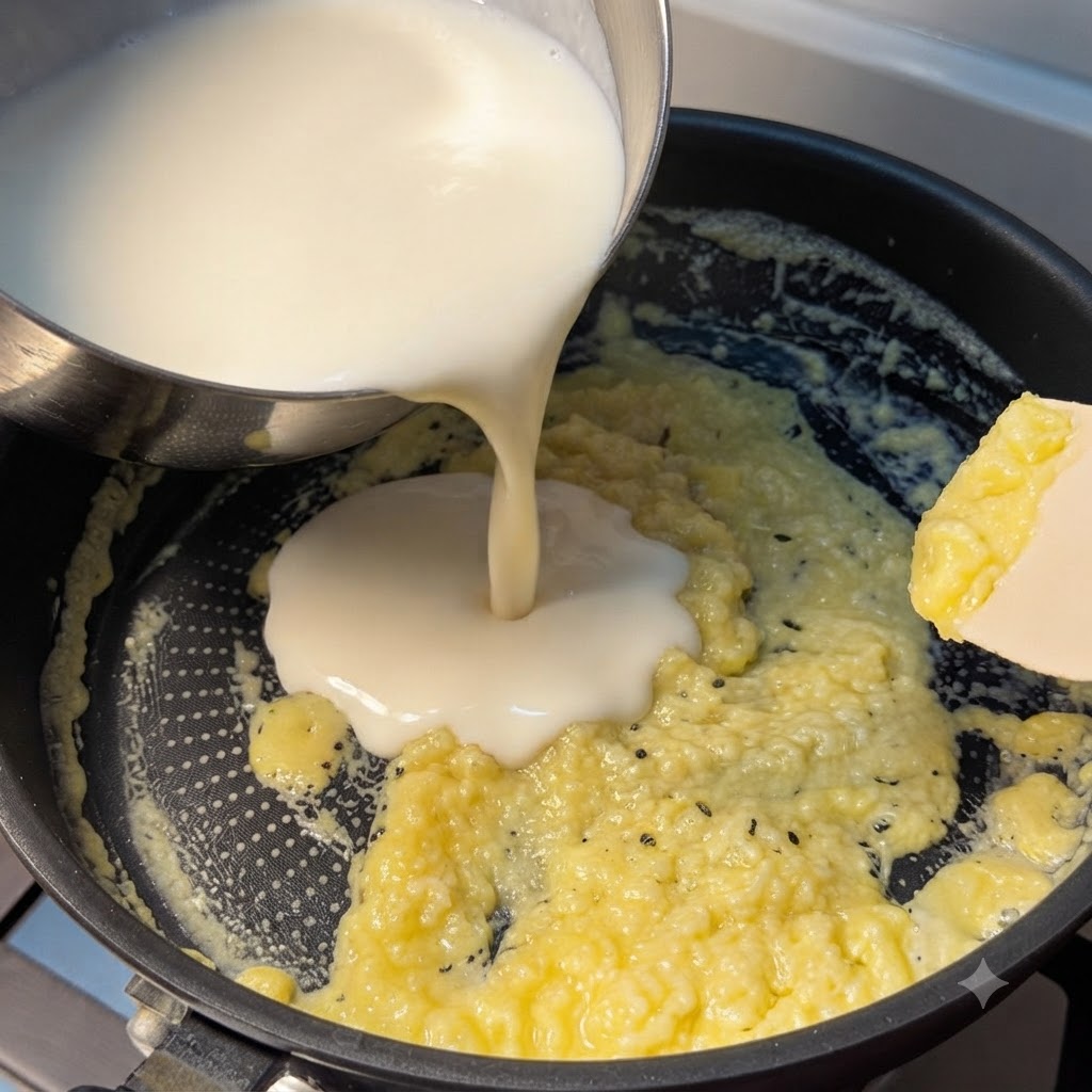 Latte caldo versato da un bricco dacciaio in una padella contenente un composto giallastro.