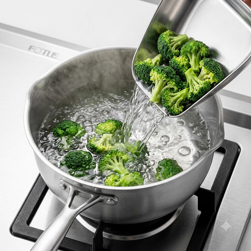 Cimette di broccoli versate da un mestolo dacciaio in una pentola di acqua bollente.