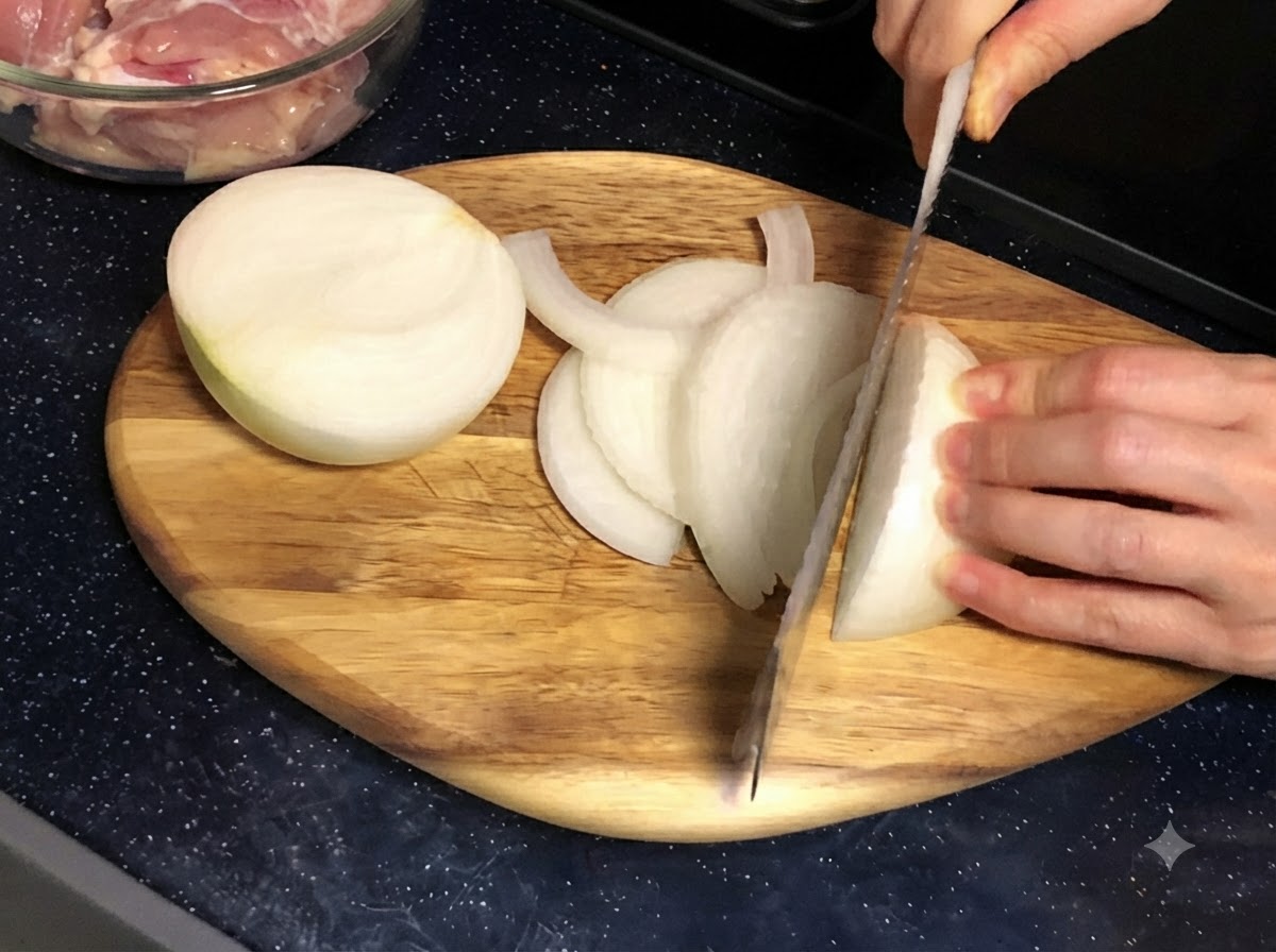 Una mano che affetta una cipolla bianca in strisce sottili su un tagliere di legno usando un coltello.