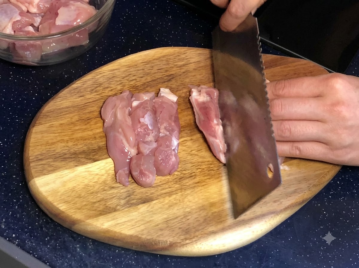 Mani che usano una mannaia per affettare la coscia di pollo cruda in pezzi su un tagliere di legno.