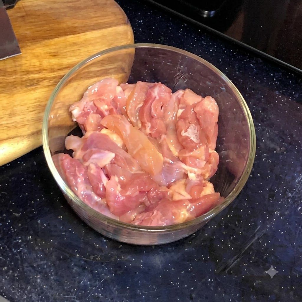 Pezzi della dimensione di un boccone di coscia di pollo cruda allinterno di una ciotola di vetro rotonda.