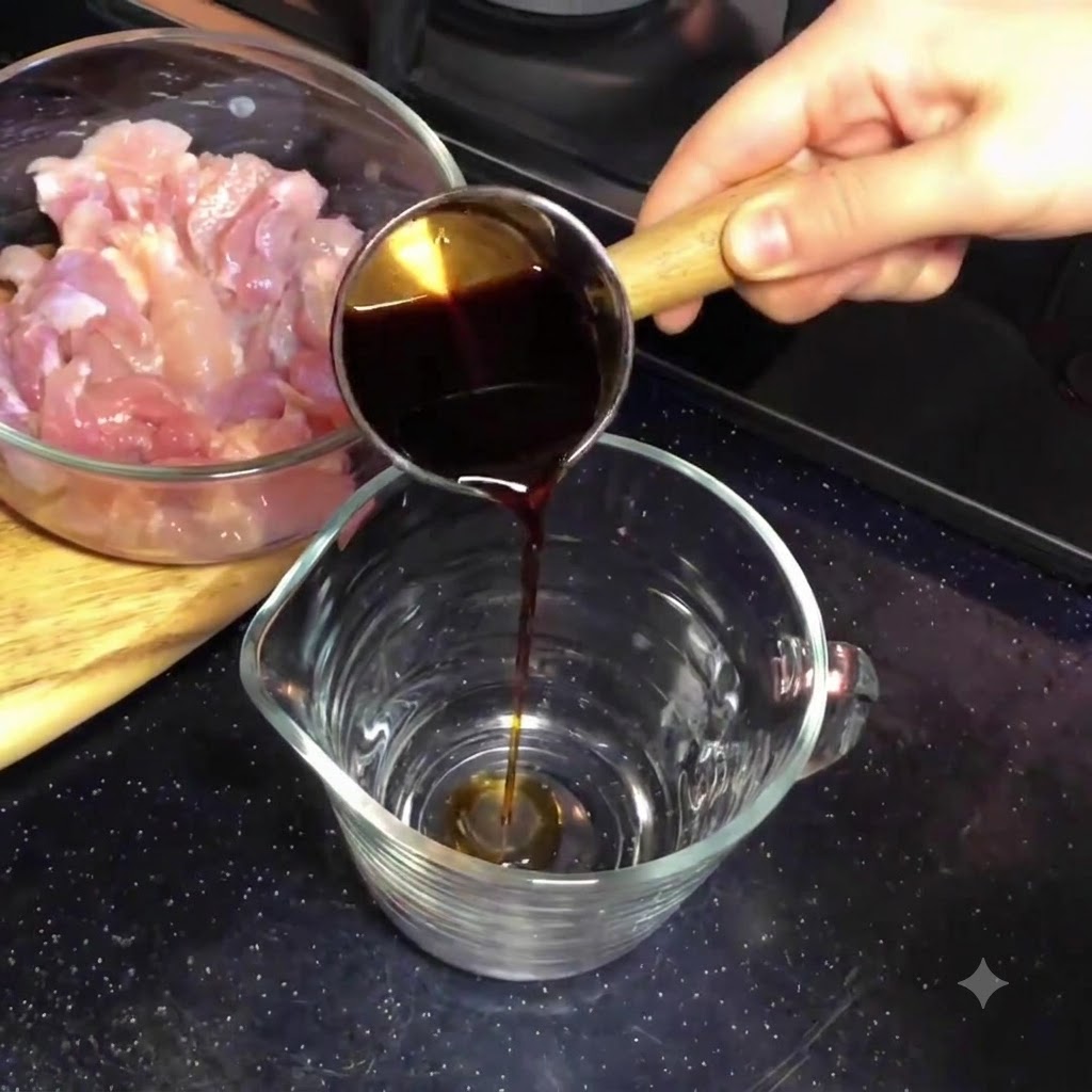 Salsa sukiyaki scura versata da un piccolo misurino di metallo in una brocca di vetro trasparente più grande.