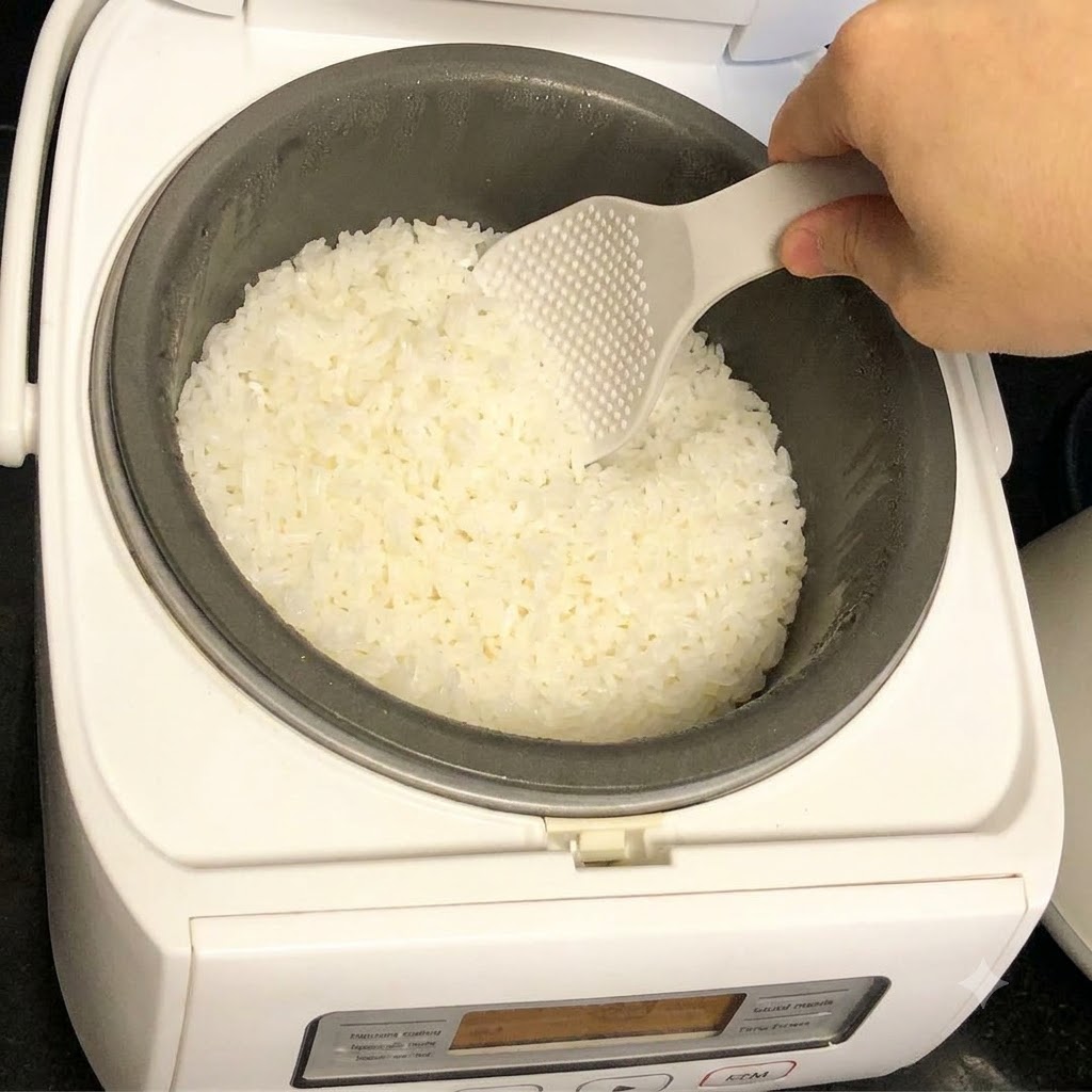 Una mano che usa una spatola per riso bianca per raccogliere il riso bianco dal vaso interno di un cuociriso.