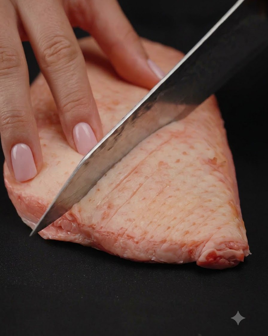 Primo piano di un coltello affilato che incide un motivo a rombi nello spesso strato di grasso di un petto danatra crudo.