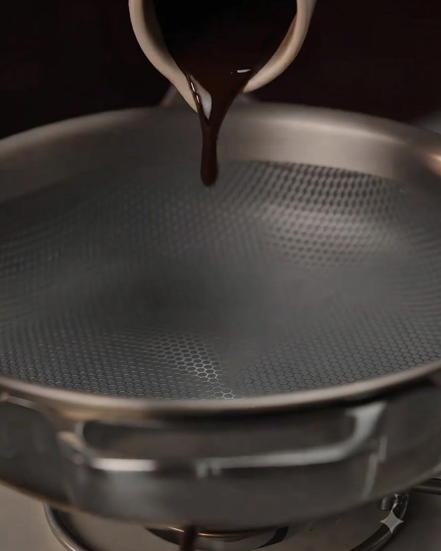 Ingredienti per la salsa scura versati e mescolati in una padella di metallo sul fuoco, inclusi miele e zenzero grattugiato.