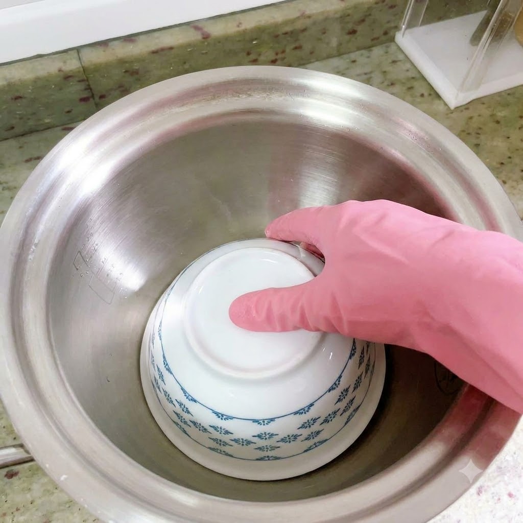 Una mano guantata che posiziona una piccola ciotola di ceramica bianca e blu a testa giù al centro della pentola di metallo.