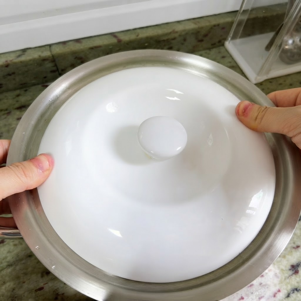 Mani che posizionano un coperchio di ceramica bianca sulla grande pentola di metallo contenente lanatra.