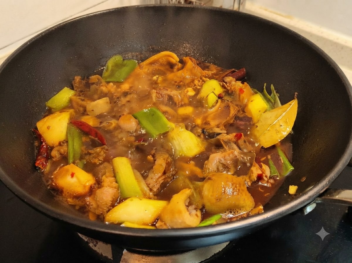 Un wok scuro pieno di anatra, spezie e liquido in lenta ebollizione, coperto saldamente da un coperchio di vetro.