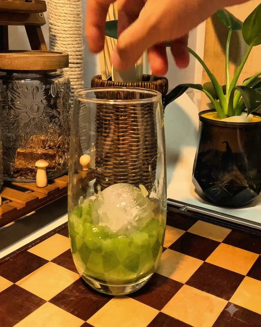 Una mano inserisce cubetti di ghiaccio in un bicchiere alto sopra luva bianca pestata, su un tavolo a scacchiera di legno.