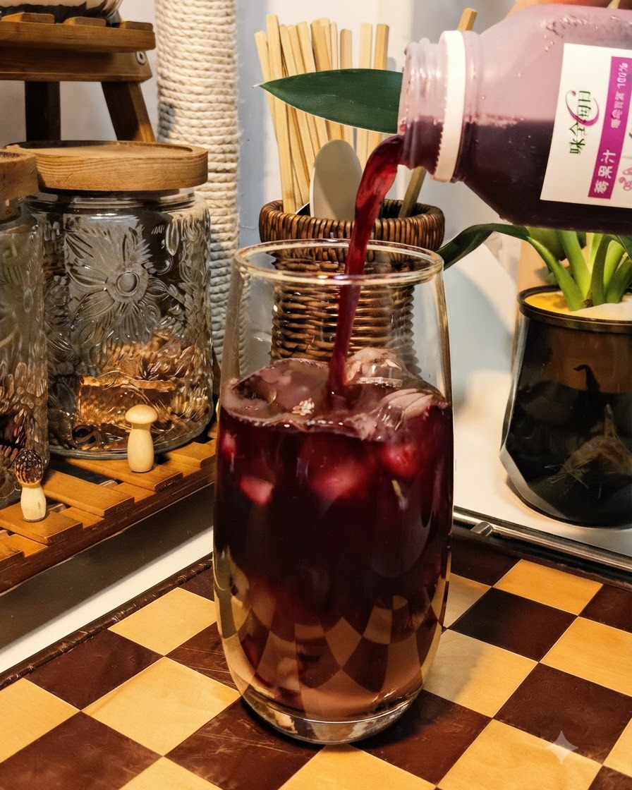 Succo duva rossa versato da una bottiglia in un bicchiere alto pieno di cubetti di ghiaccio e uva bianca schiacciata.