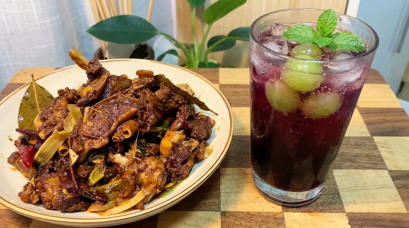 Anatra alla Birra e Salsa di Soia con Mocktail Frizzante all'Uva