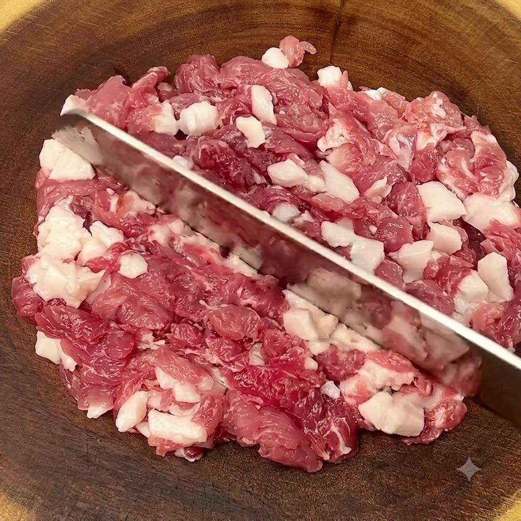 Spalla di maiale cruda tagliata a pezzi fini su un tagliere di legno con una mannaia grande.