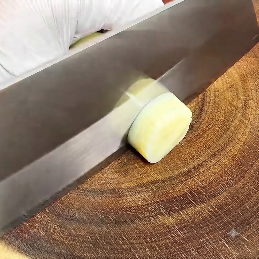 Un tubetto giallo di tofu giapponese tagliato a rondelle spesse con un coltello su un tagliere di legno.