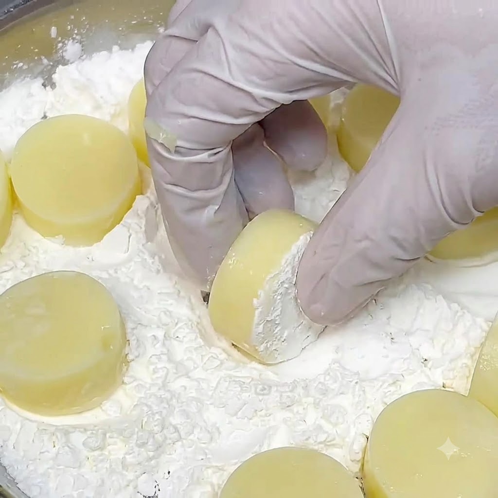 Fette di tofu giapponese coperte da uno strato di fecola di mais bianca allinterno di una bacinella di metallo.