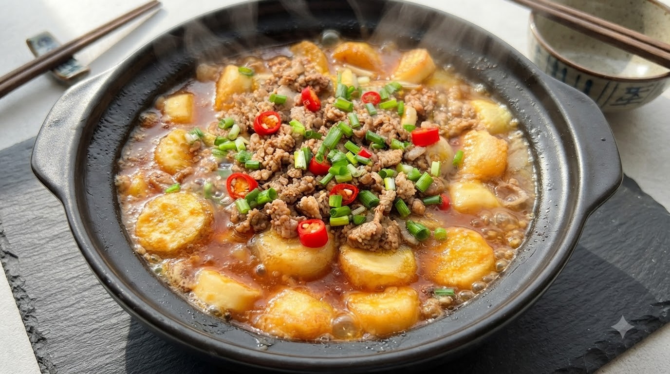 Un pentolino di coccio ribollente pieno di tofu giapponese dorato, maiale macinato saporito, funghi enoki e guarnizione di peperoncino fresco