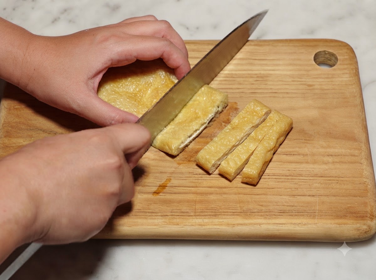 Un pezzo di tasca di tofu fritto viene tagliato in lunghe striscioline con un coltello su un tagliere di legno.