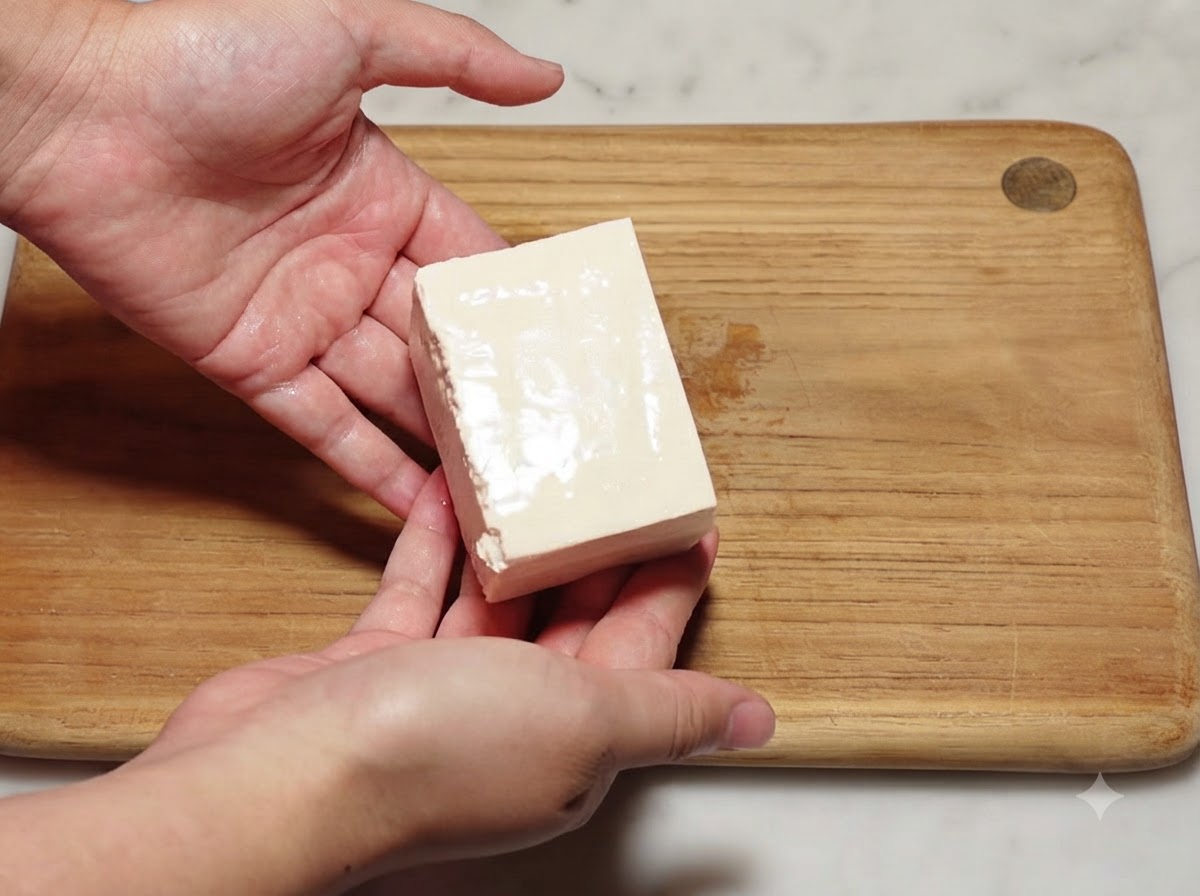 Mezzo blocco di tofu morbido riposa su un tagliere di legno prima di essere tagliato a cubetti.