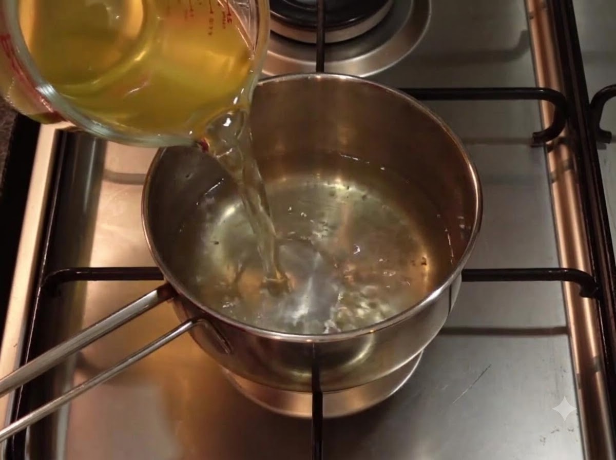 Brodo dashi trasparente versato da un misurino in una piccola pentola di acciaio inossidabile sul fornello a gas.