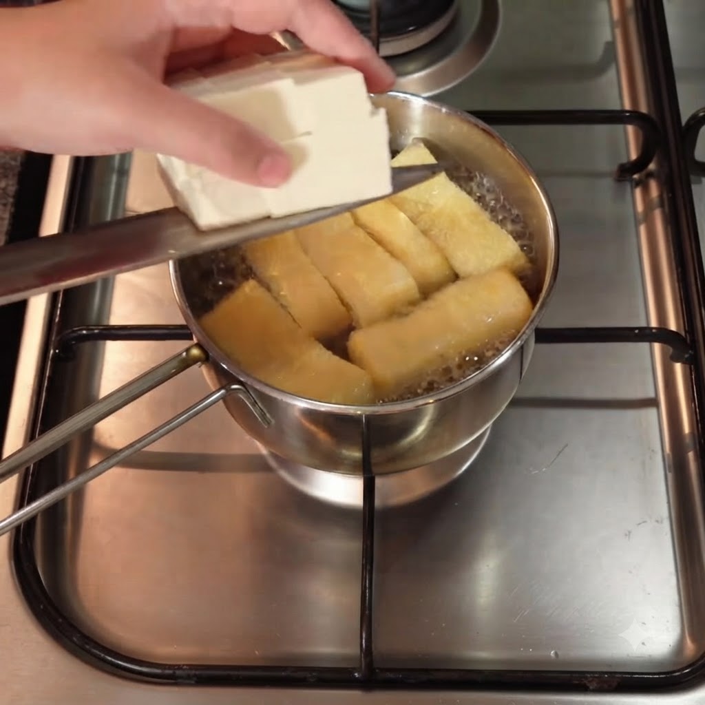 Cubetti di tofu morbido fatti scivolare da un coltello in una pentola di zuppa bollente contenente strisce di aburaage.