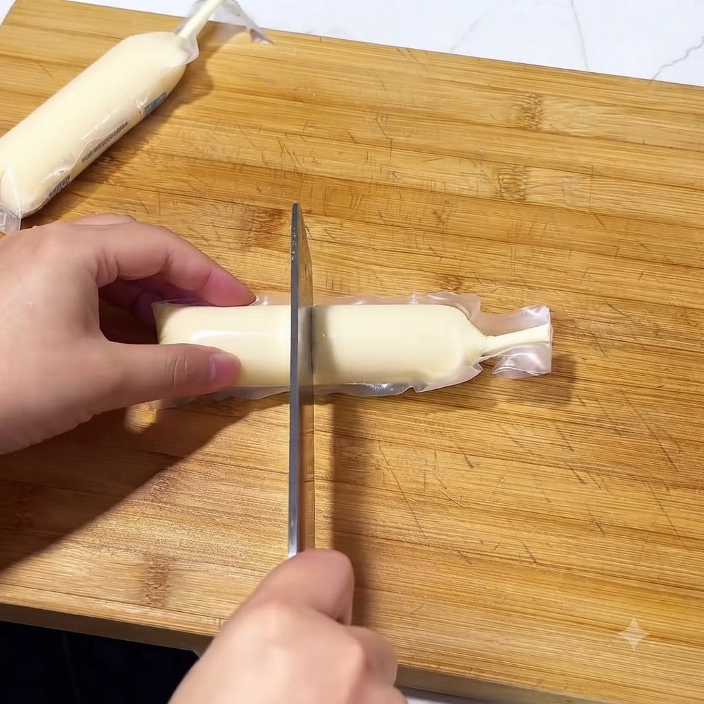 Tubi di tofu giapponese tagliati a pezzi rotondi e spessi su un tagliere di legno usando un coltello da cucina.