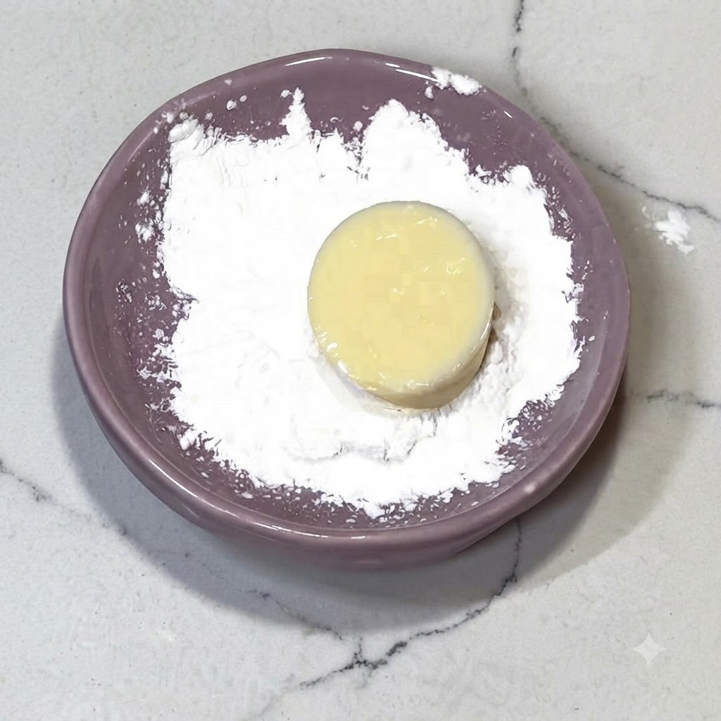 Una fetta di tofu giapponese adagiata su un piatto viola coperta da uno strato di amido bianco.