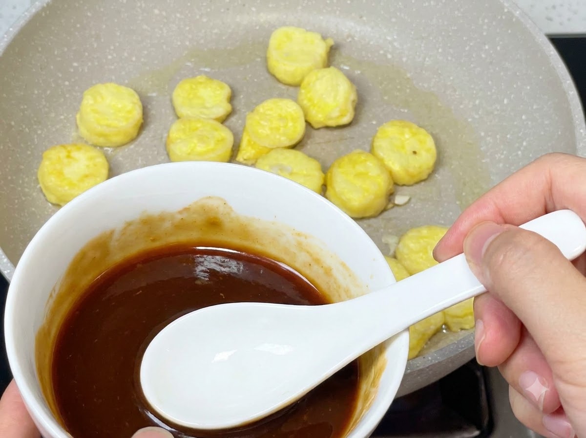 Una ciotola bianca contenente una salsa marrone scuro versata con un cucchiaio in una padella di fette di tofu fritte.