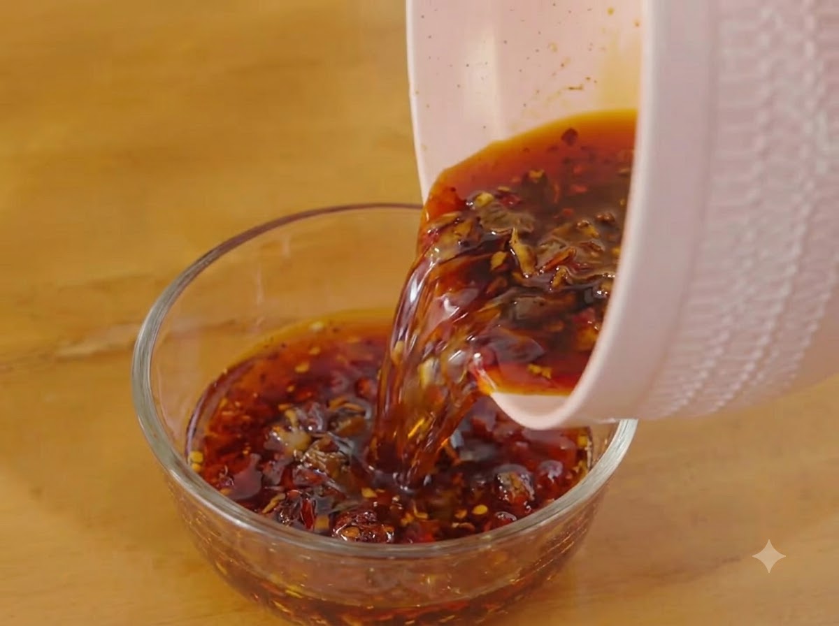 Versare la salsa calda e condita dalla pentola rosa in una ciotola di vetro trasparente.