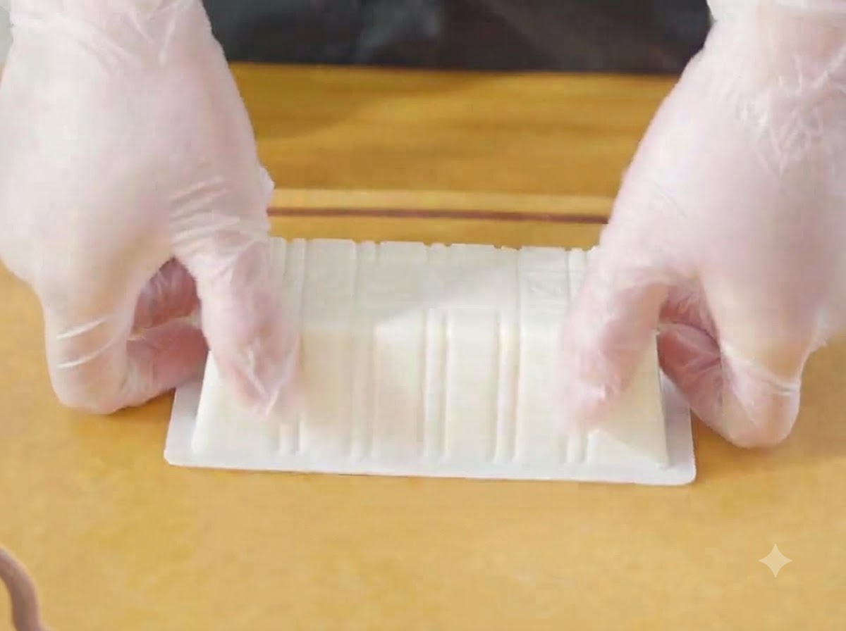 Una coppia di mani guantate che rimuovono un blocco di tofu silken bianco dalla sua confezione di plastica su un tagliere di legno.