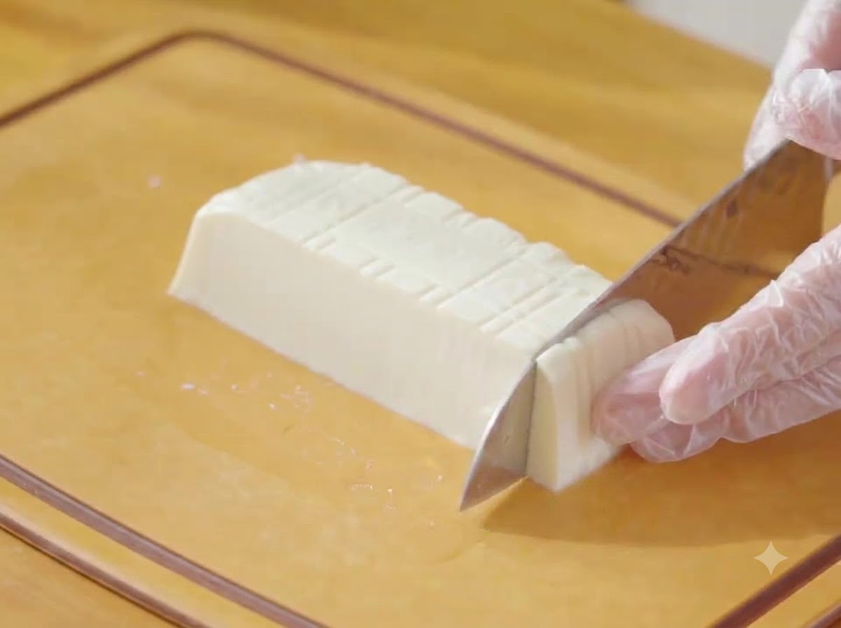 Un coltello che taglia un blocco di tofu silken bianco su un tagliere di legno.