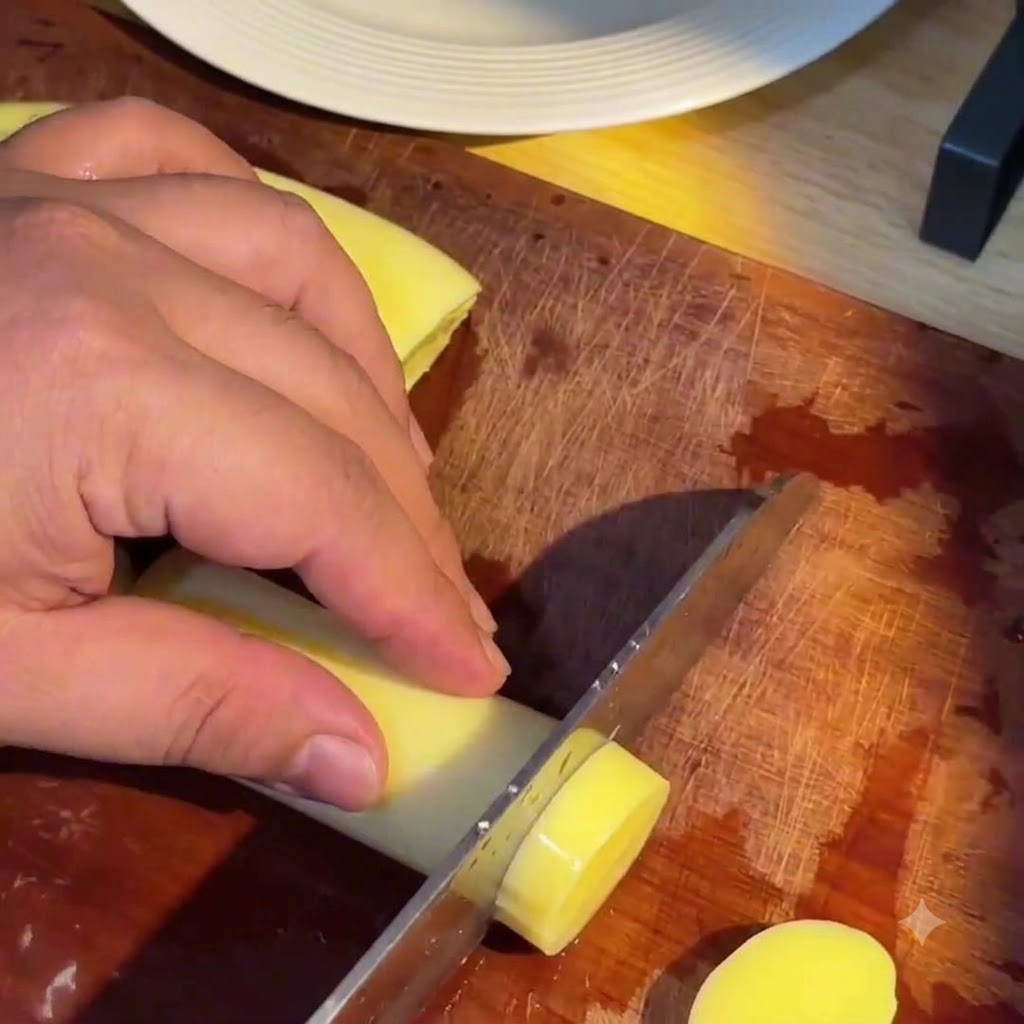 Una mano che tiene una mannaia affettando un cilindro di tofu giapponese giallo in pezzi rotondi uniformi su un tagliere di legno.