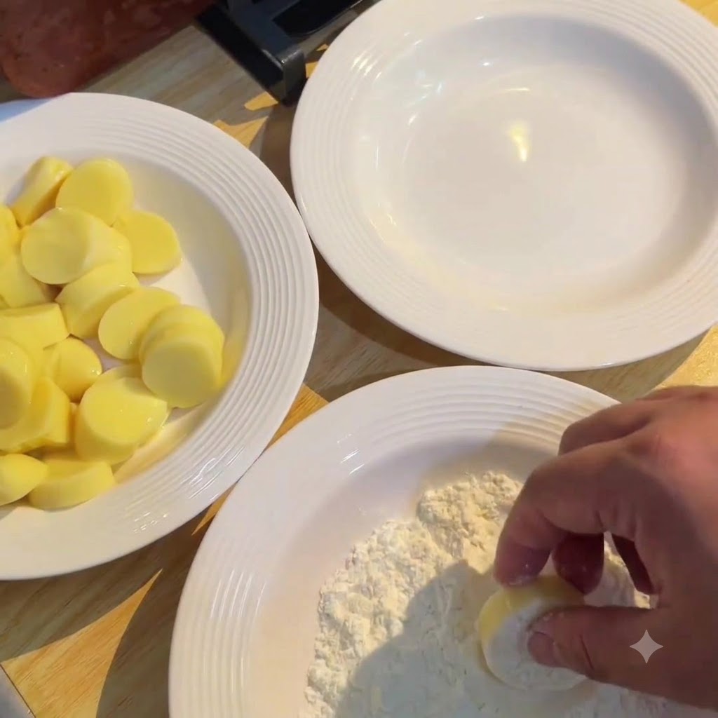 Una mano che preme delicatamente una fetta di tofu giapponese giallo in un piatto bianco riempito di amido di mais secco.