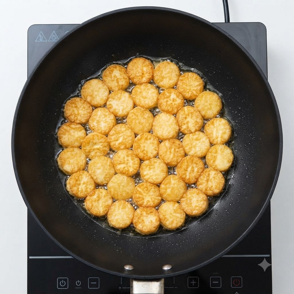 Molti dischi di tofu dorati che sfrigolano uniformemente in un wok nero su un elemento riscaldante.