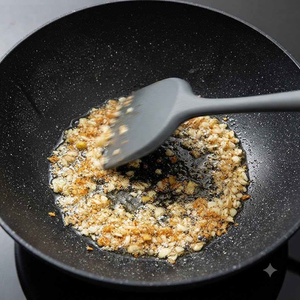 Aglio tritato e carne che sfrigolano in un wok nero, mescolati con una spatola di silicone scura.