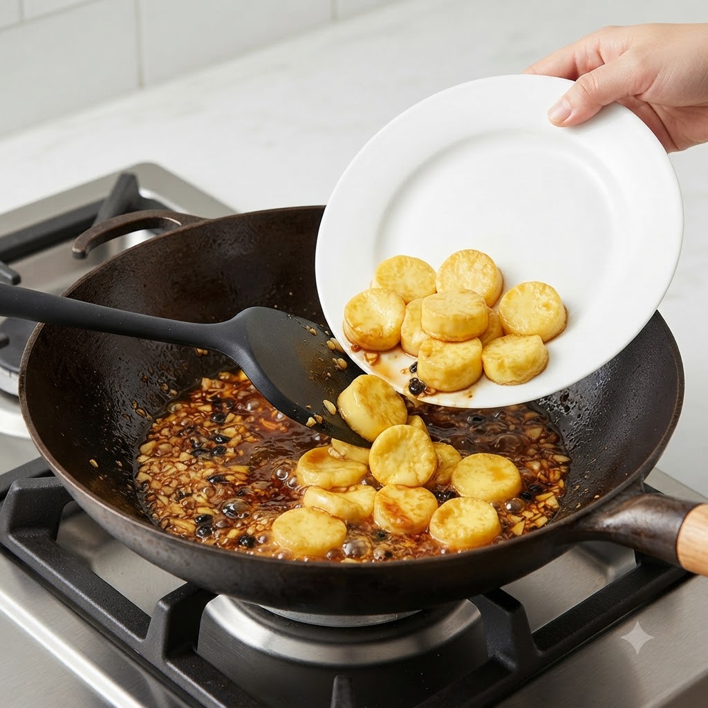 Fette di tofu dorato pre-fritte trasferite da un piatto bianco in una miscela di salsa bollente allinterno di un wok scuro.