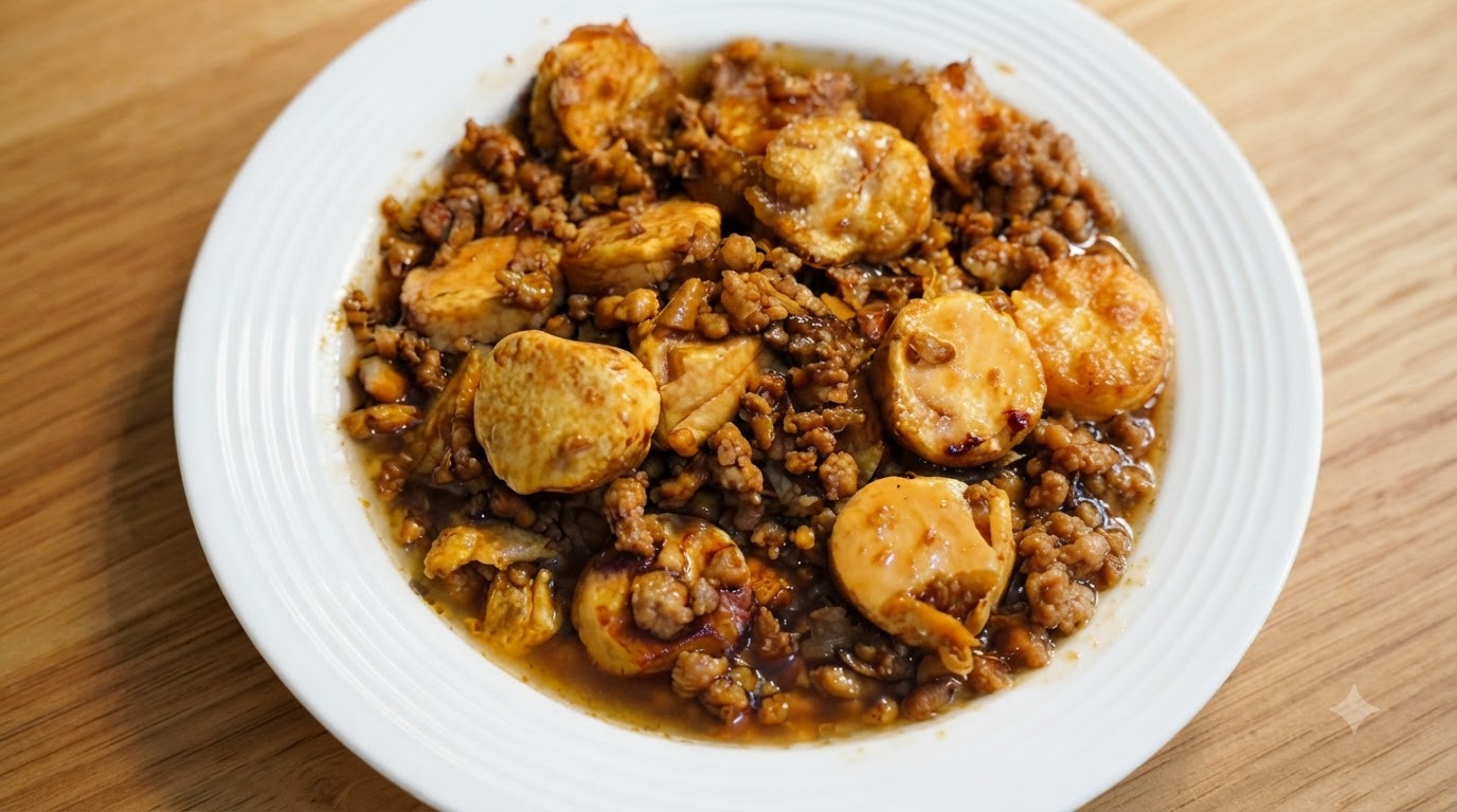 Un piatto bianco riempito con pezzi di tofu giapponese dorati e fritti in padella, cotti in una ricca e lucida salsa di carne macinata.