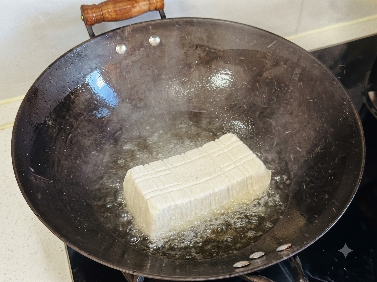 Un intero blocco rettangolare di tofu morbido adagiato in un wok nero caldo con olio.