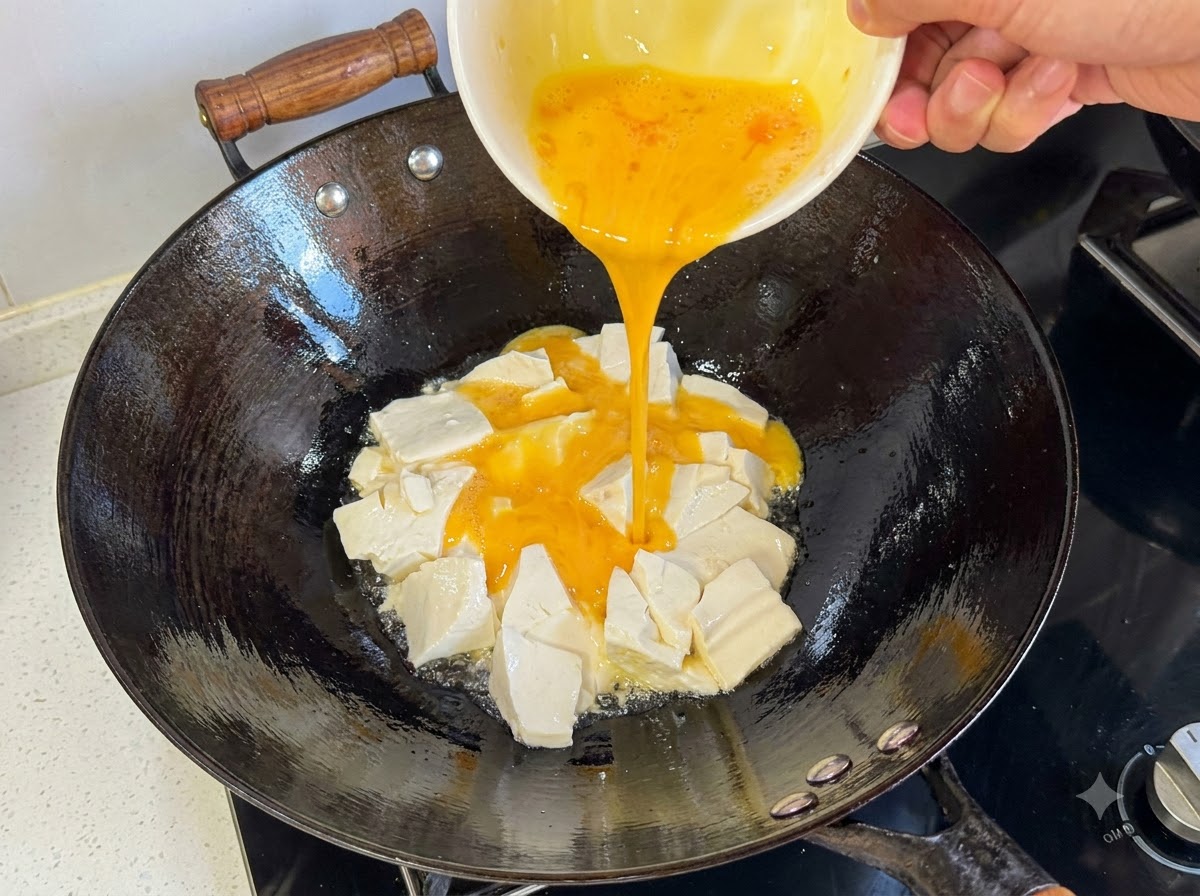Liquido dorato di uova sbattute versato da una ciotola nel wok attorno ai pezzi di tofu.