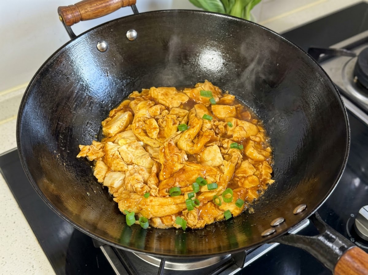 Cipollotti tritati cosparsi sopra il composto cotto di tofu e uova in un wok nero.