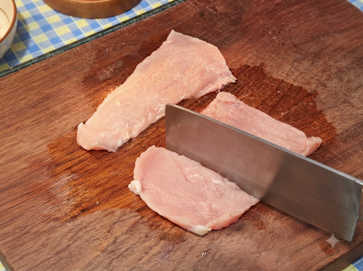 Cotolette di maiale mentre vengono appiattite e intenerite con il dorso pesante di una mannaia su una superficie di legno.