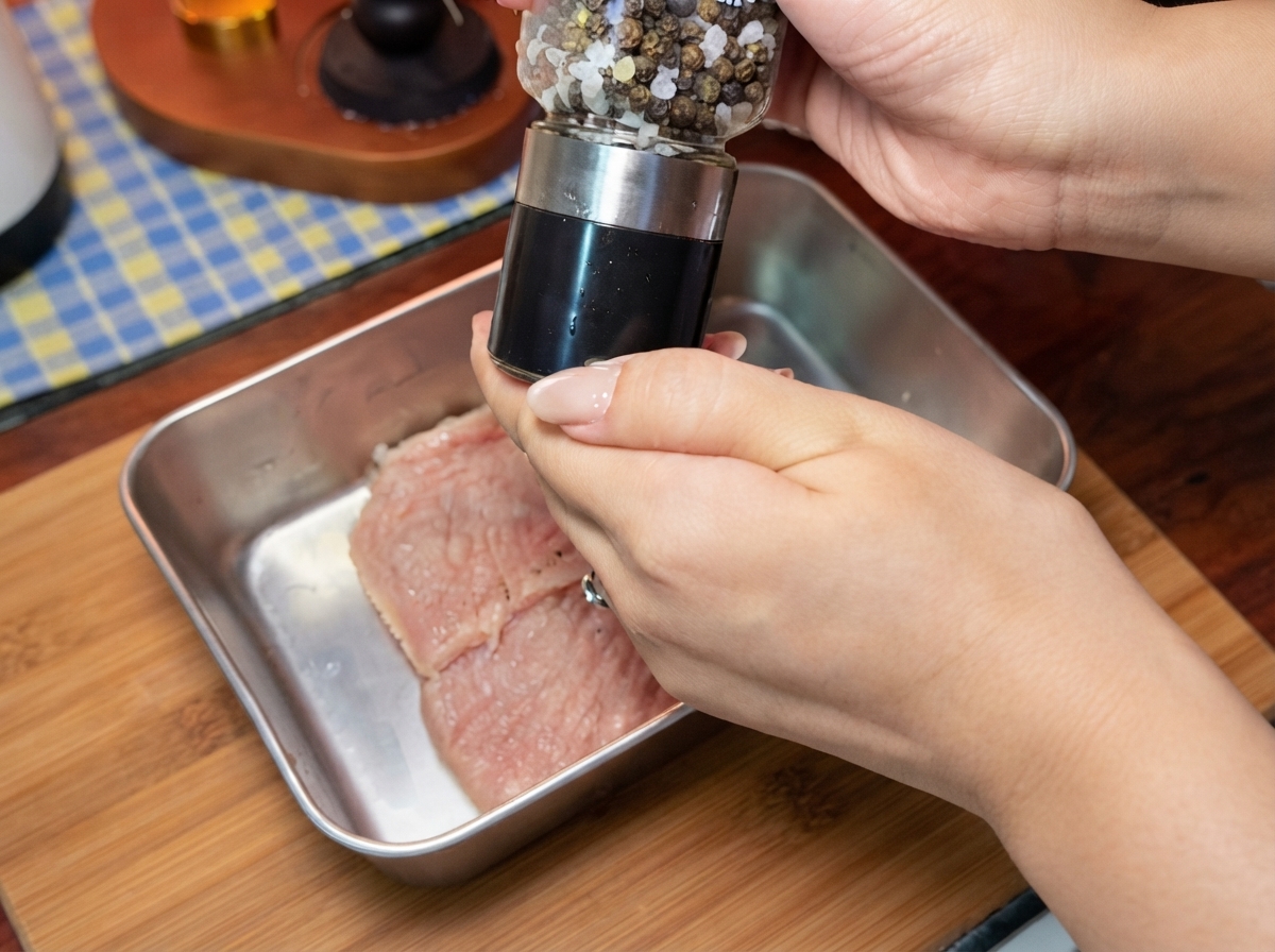 Mani che azionano un macinapepe per condire cotolette di maiale crude adagiate in un vassoio di acciaio inossidabile.