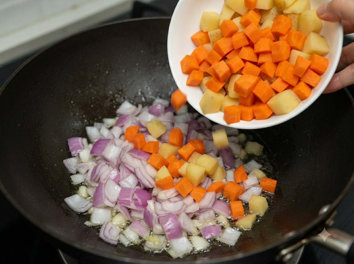 Carote e patate a cubetti che vengono versate da un piatto bianco nel wok insieme alle cipolle.