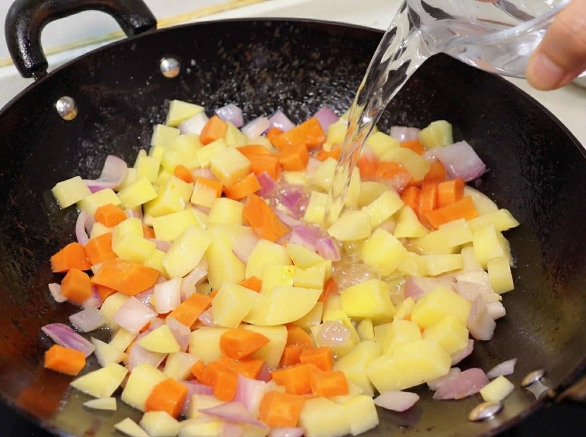Acqua pulita che viene versata da un misurino di vetro nel wok pieno di verdure.