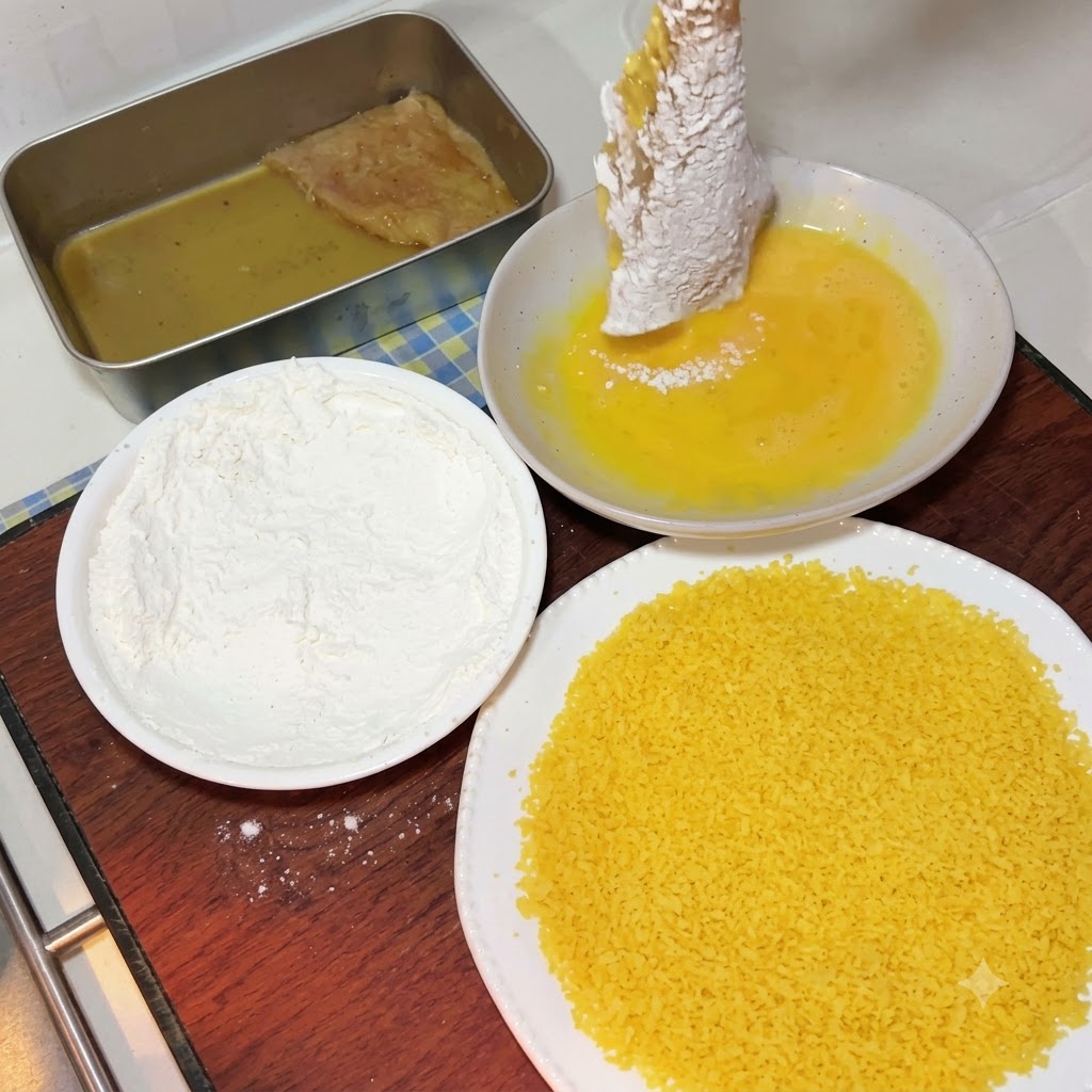 Una cotoletta di maiale infarinata che viene sollevata e immersa in una ciotola di liquido duovo sbattuto dorato.