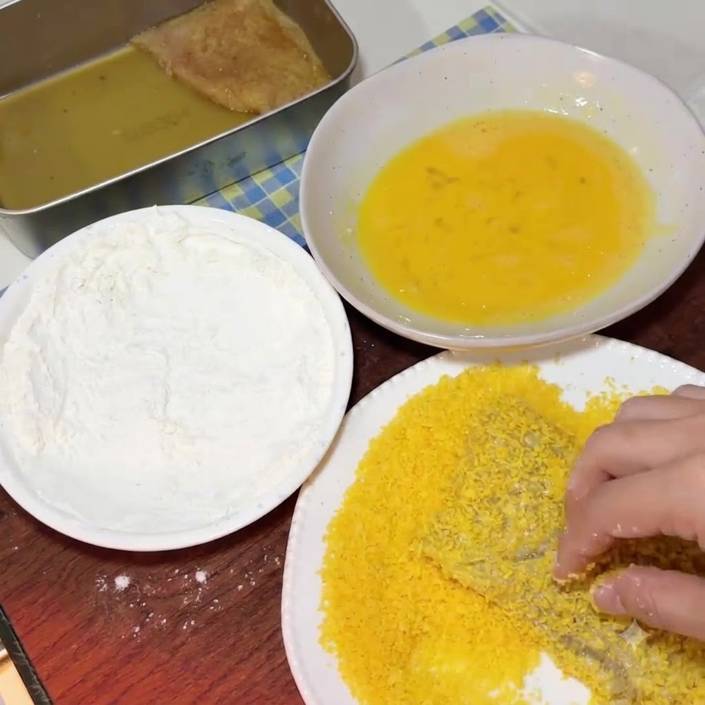 Una cotoletta di maiale ricoperta duovo che viene premuta fermamente in un piatto di pangrattato giallo brillante.