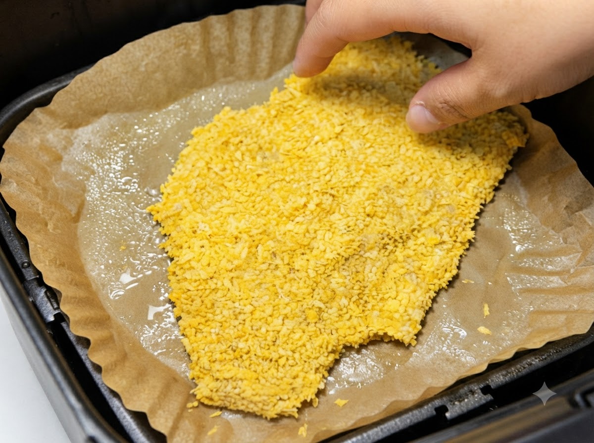 Una cotoletta di maiale completamente impanata adagiata su carta da forno spruzzata dolio allinterno del cestello di una friggitrice ad aria.