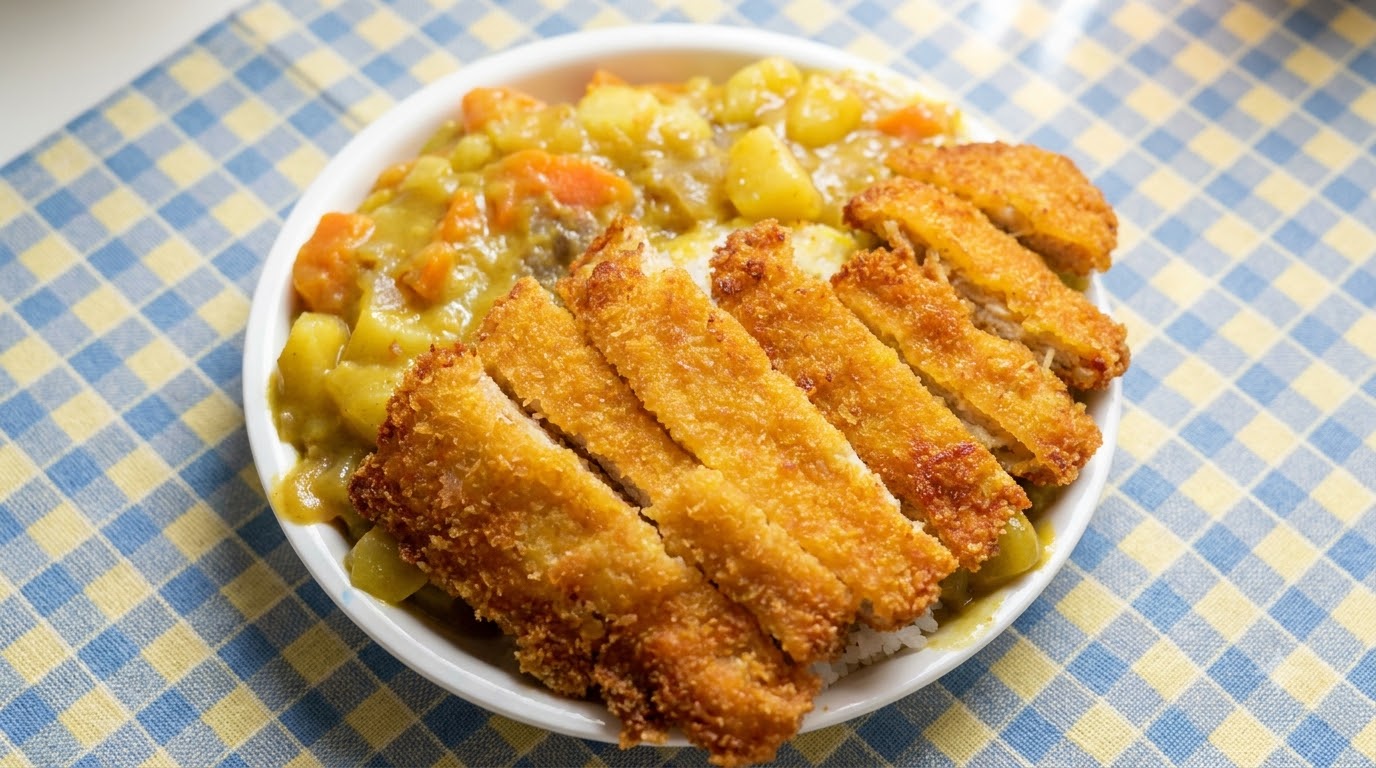 Un piatto di riso con cotoletta di maiale al curry giapponese con cotolette affettate dorate e un ricco curry di verdure sul riso bianco