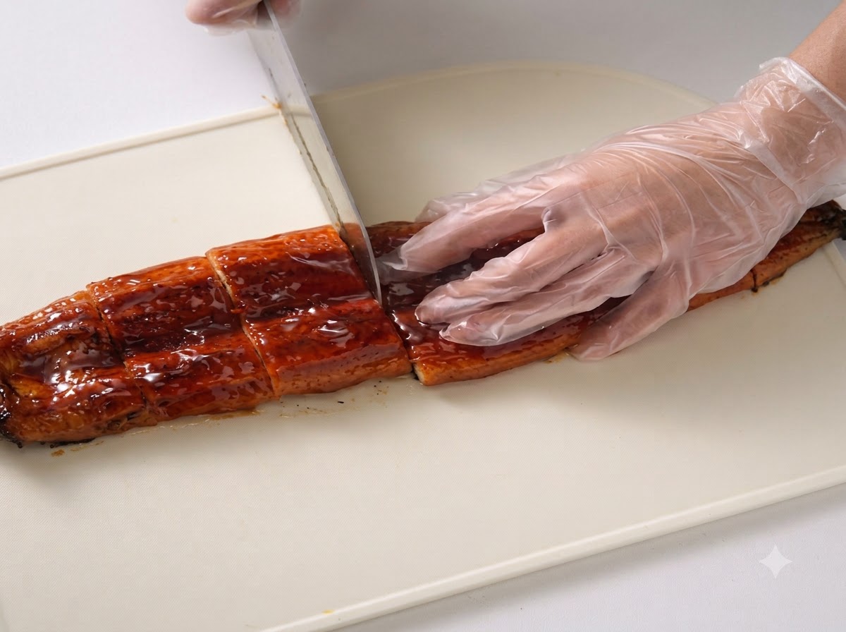 Primo piano di unanguilla grigliata tagliata a fette uniformi su un tagliere bianco.