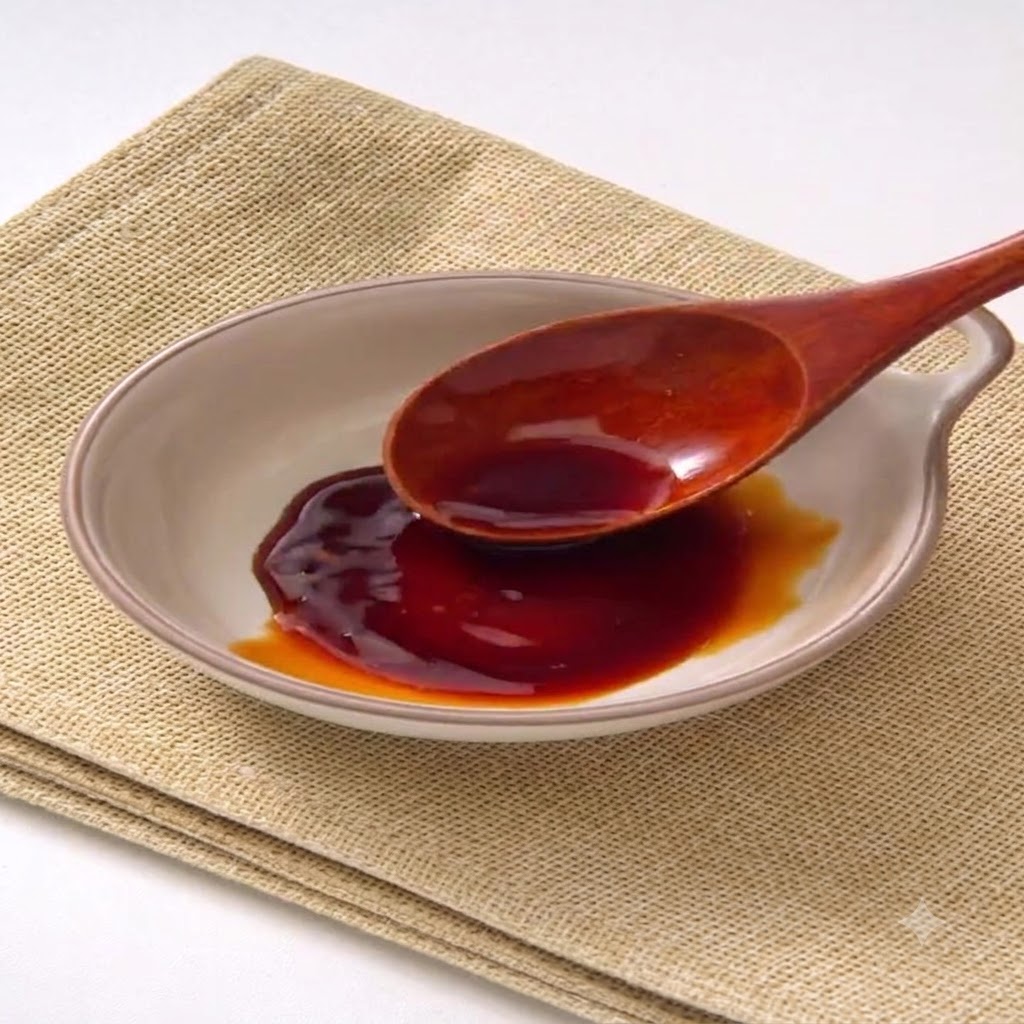Una ciotolina in ceramica contenente una miscela di salsa di soia scura e chiara accanto a un cucchiaio di legno.